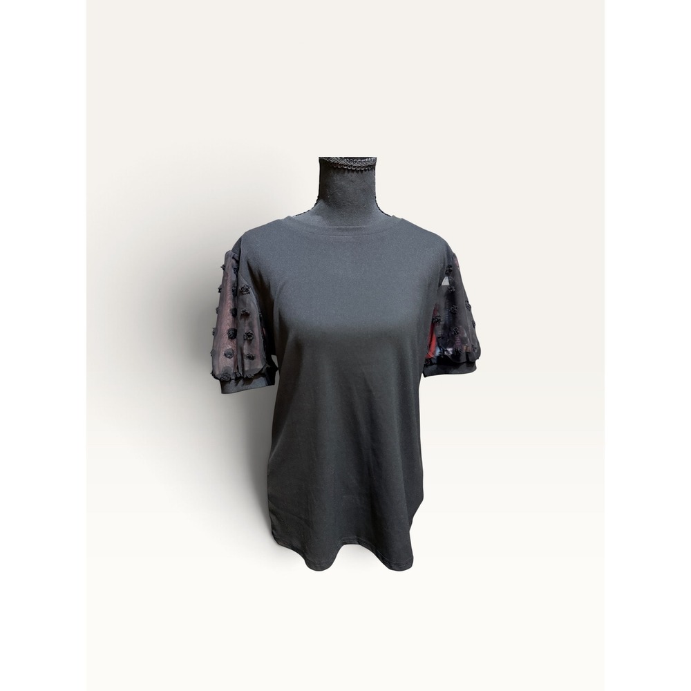 Blooming Jelly Black Ribbed Knit Top Swiss Dot Puff Sleeve Crew Neck NWT M - Picture 2 of 8
